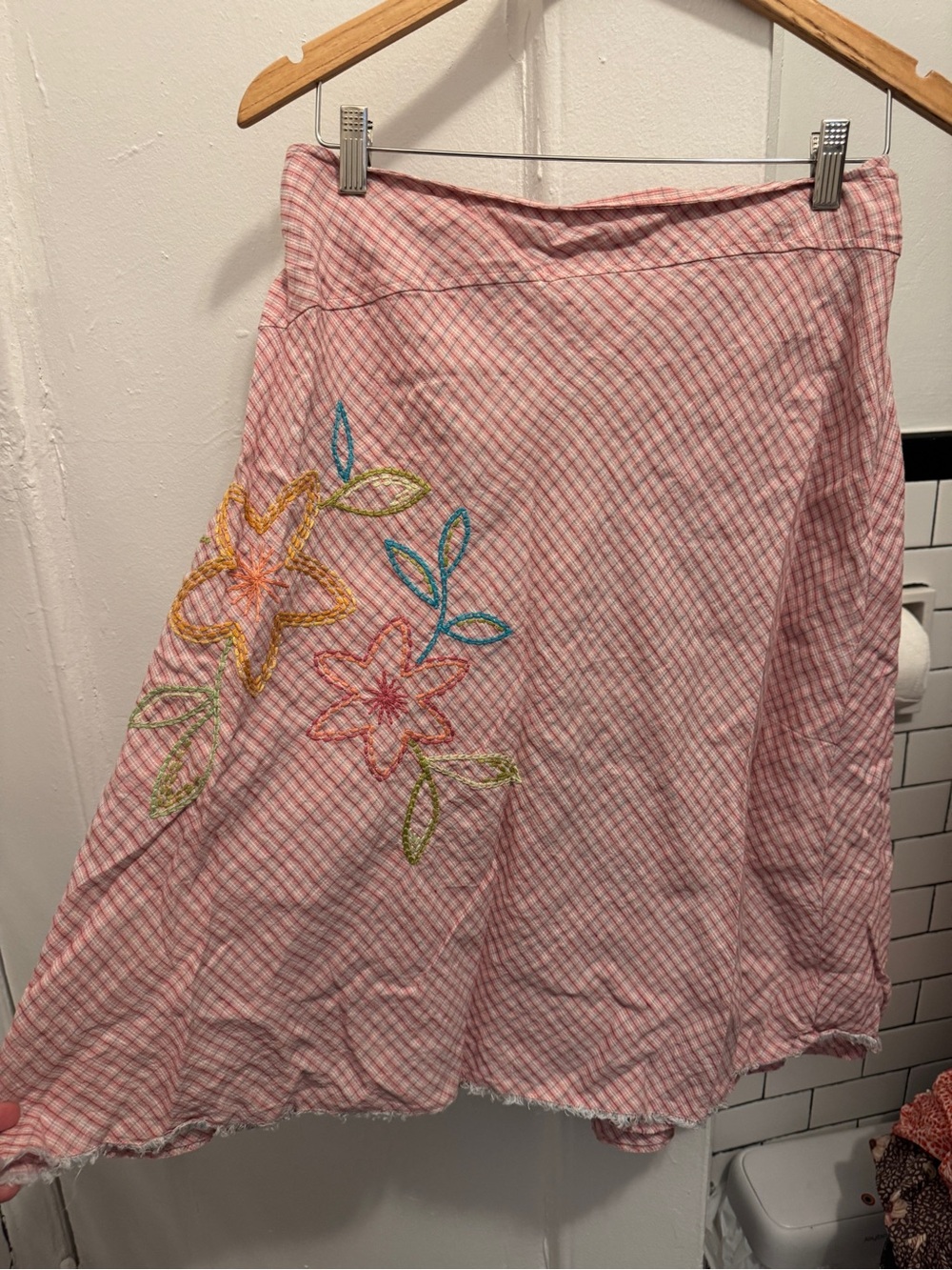 J. Jill Pink Check A-Line Skirt with Colorful Floral Embroidery